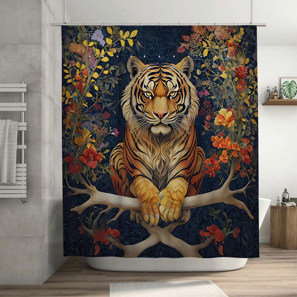 Gold Tiger Shower Curtain: Floral Print Bathroom Decor for Home Decoration Modern Style Animal Motif Window Covering Waterproof