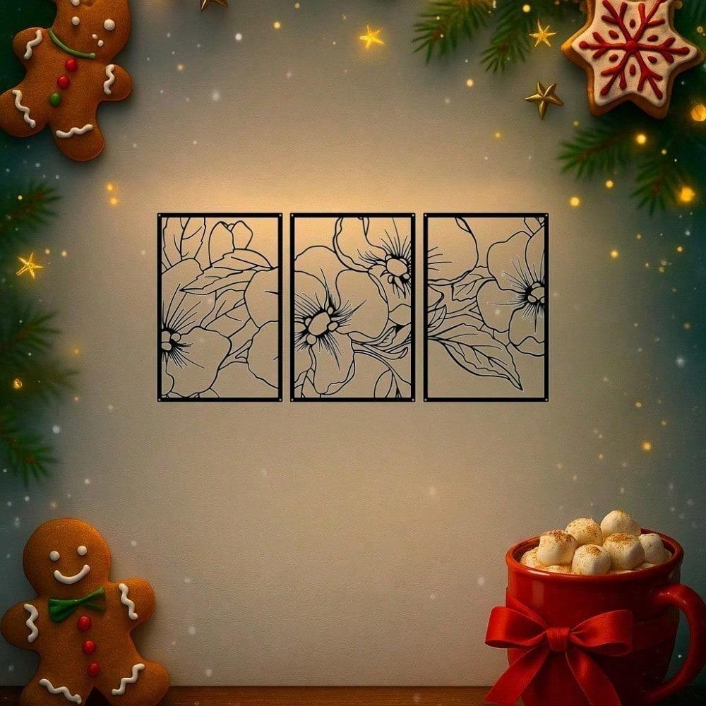 3 PCS Black Metal Wall Art Set - Christmas Plant Decor, Modern Home Accents, Elegant Gift for Birthday