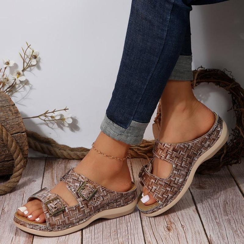 

Женские шлепанцы большого размера с расписной пряжкой на ремне TEUM, легкая уличная обувь на танкетке 43 коричневый