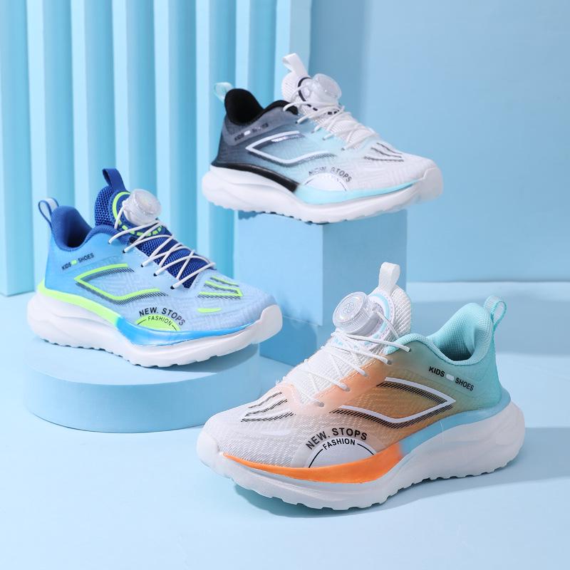 Boys' No-Tie Breathable Mesh Running Shoes, Non-Slip Spin Buckle, Fashionable Spring/Autumn Sports Shoes for Medium and Large Kids