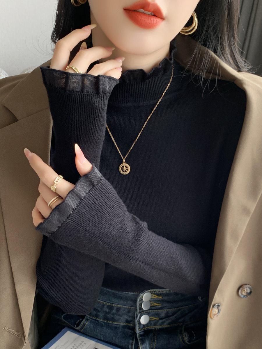 

Women s High Neck Knitted Lace Trim Sweater - Long Sleeve, White, Perfect for Spring, Autumn, Winter L (111-120 lbs)