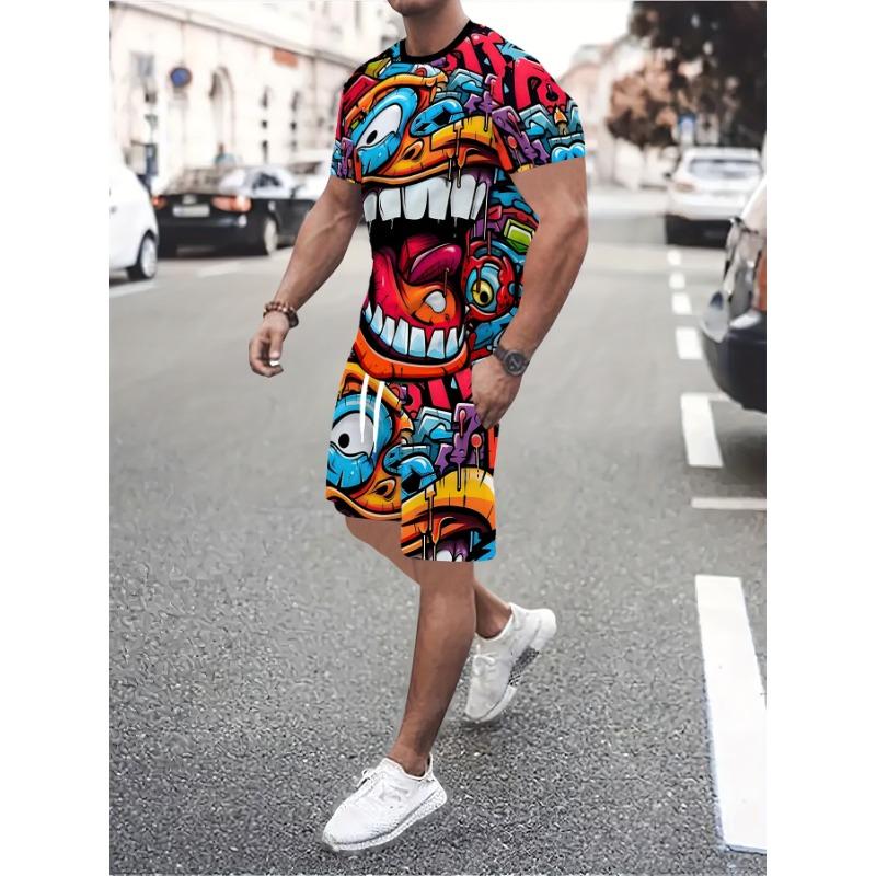 

Men s two piece color block summer casual suit, men s short sleeve t-shirt and pocket shorts set S