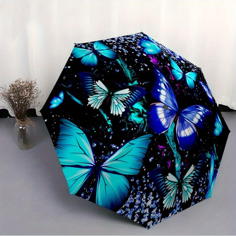 Automatic Folding Umbrella with Blue Butterflies & Sparkling Background, 8 Sturdy Ribs, Lightweight & Durable for Outdoor, Tra