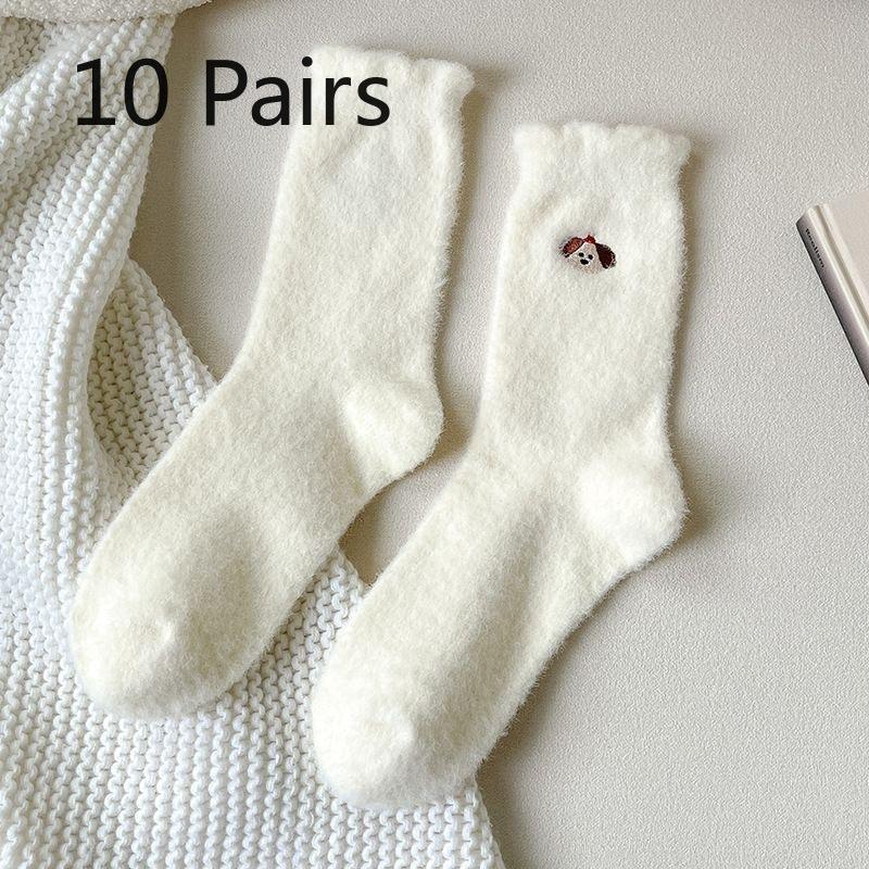 10 Pairs of Female Winter Thickened Warm Lovely Embroidered Cartoon Tube Stack Floor Socks