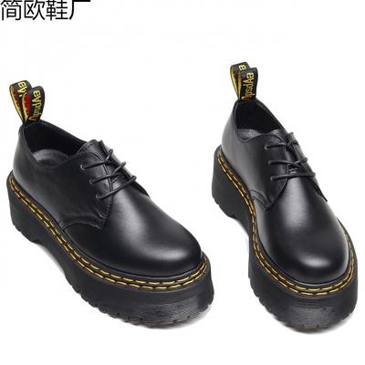 Martin boots tlustá podrážka dvojitý steh malé kožené boty dámské nízké, kůže kulatá špička ležérní studentské volné