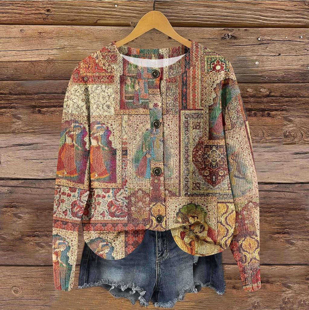 Women's Vintage Knit Button Vintage Print Cardigan Jacket