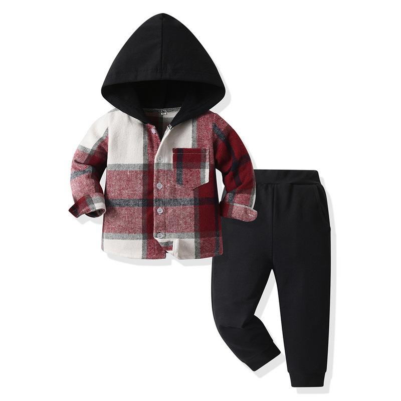 Children's Single-breasted Hooded Long-sleeved Plaid Top and Casual Pants Two-piece Set Spring