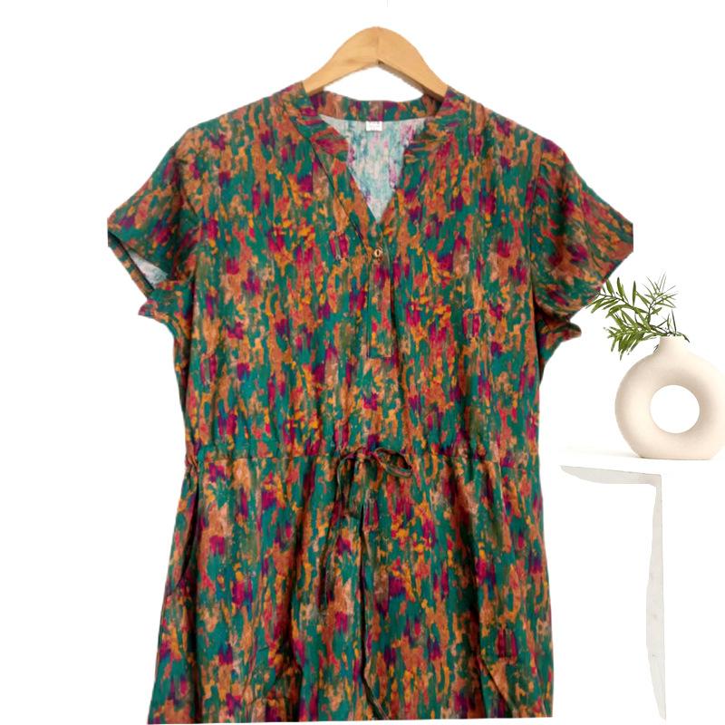 Breathable and Comfortable Summer Short-sleeved Thin Cotton Nightgowns Women's Tie Waist Loose Floral Casual Dresses