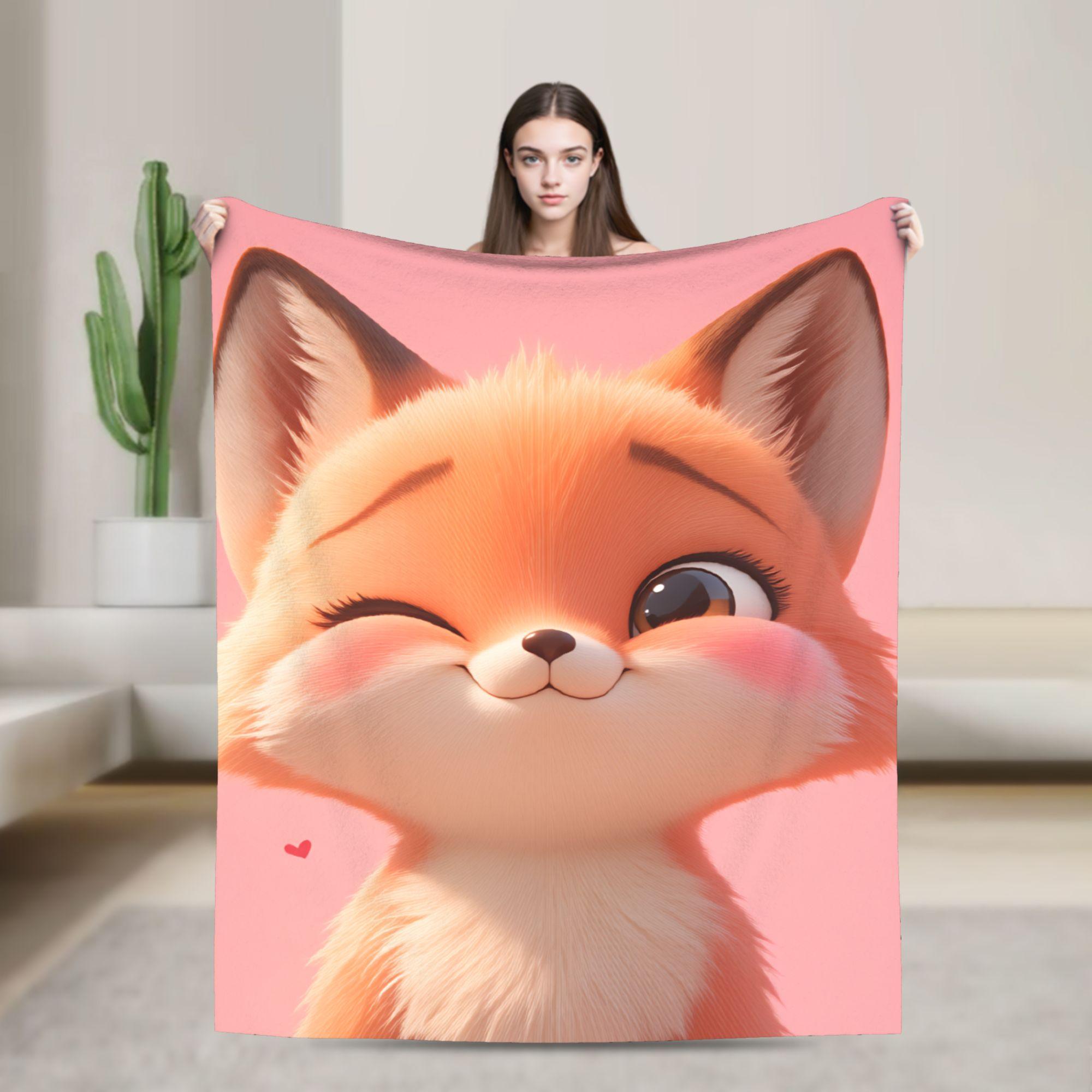 Cute Fox Throw Blanket Warm Aesthetic Blanket For Living Room Picnic Flannel Bedspread Bed Cover 130x150cm