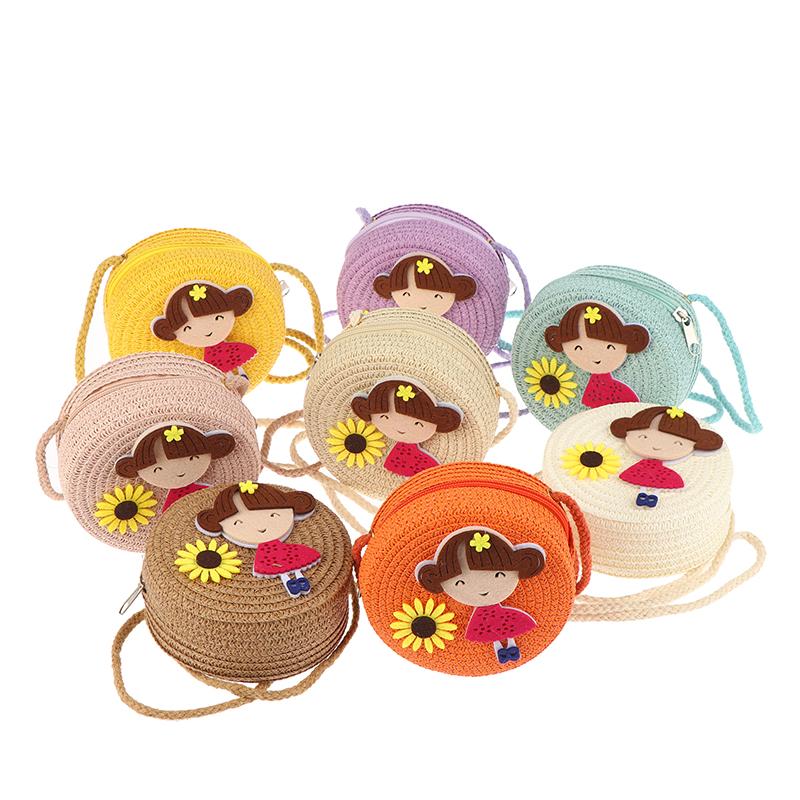 Children Flower Girl Straw Bag Crossbody Bag Handmade Woven Messenger Bag Straw Handbag Shoulder Bag Summer Kids Coin Purse