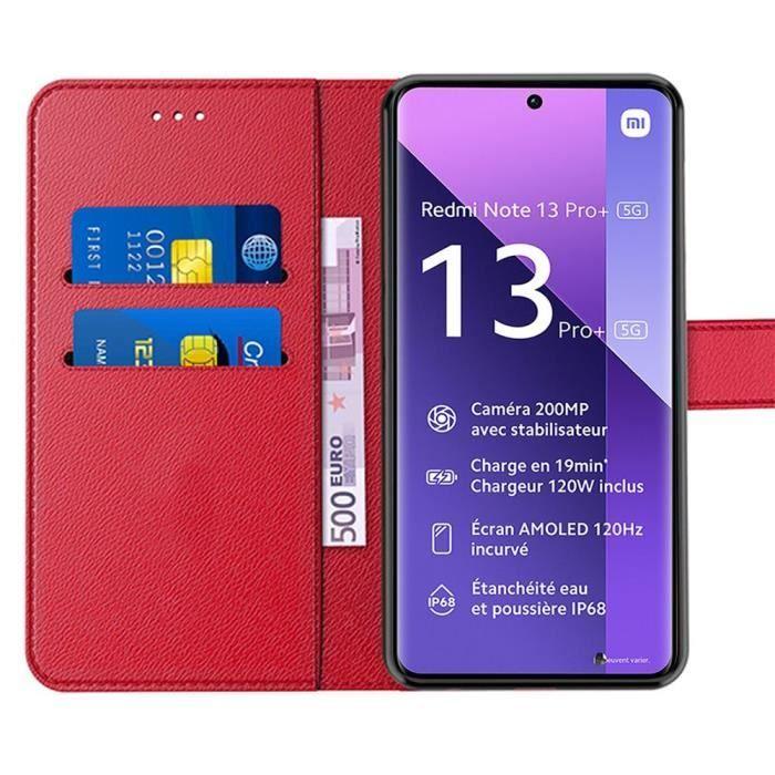 Coque - E.F.CONNECTION - Pour Xiaomi Redmi Note 13 Pro+ 5G - Antichoc Simili Cuir - 2 Verres Trempés - Rouge