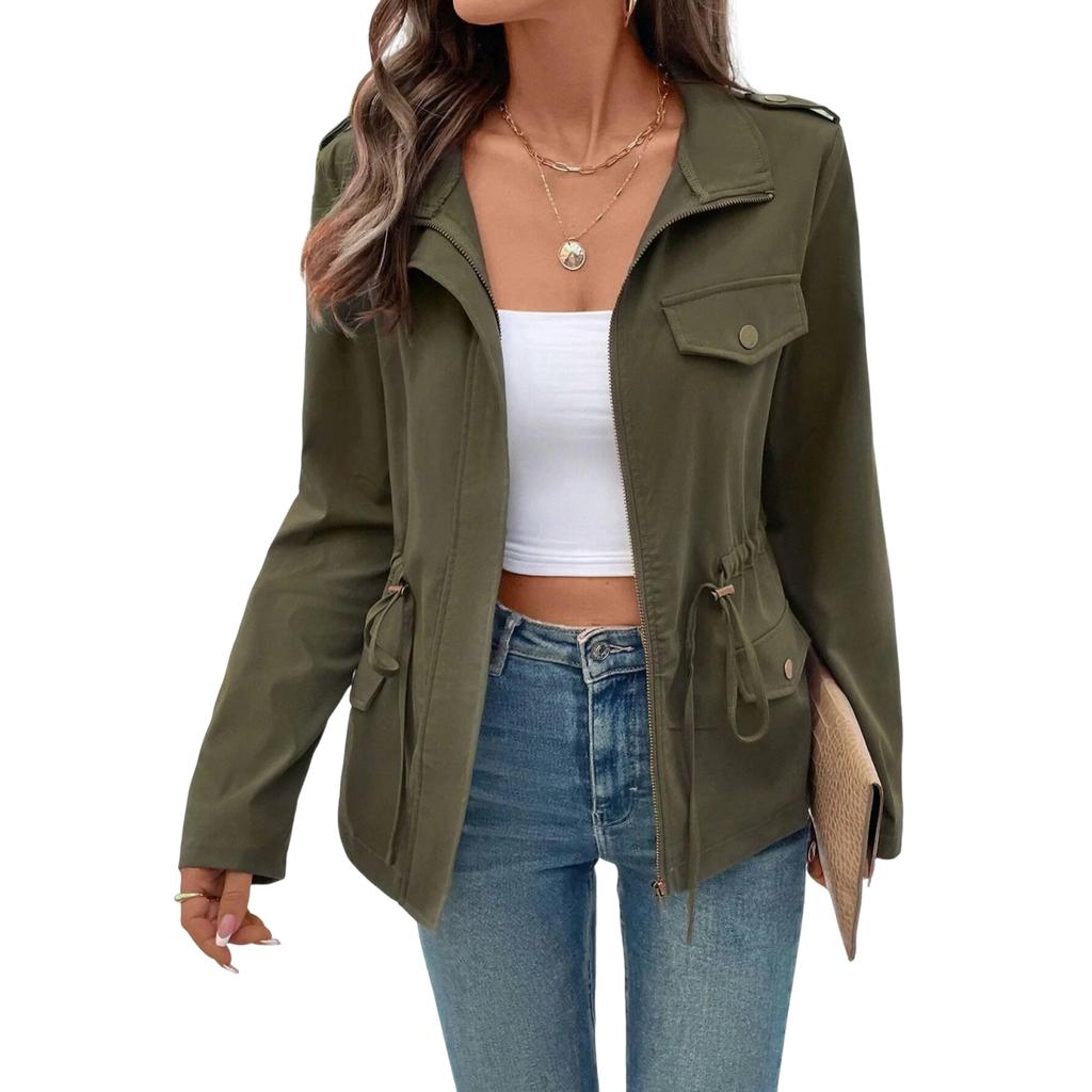 Women's Solid-Color Fashionable Casual Drawstring Waist Long-Sleeve Jacket For Fall/Winter