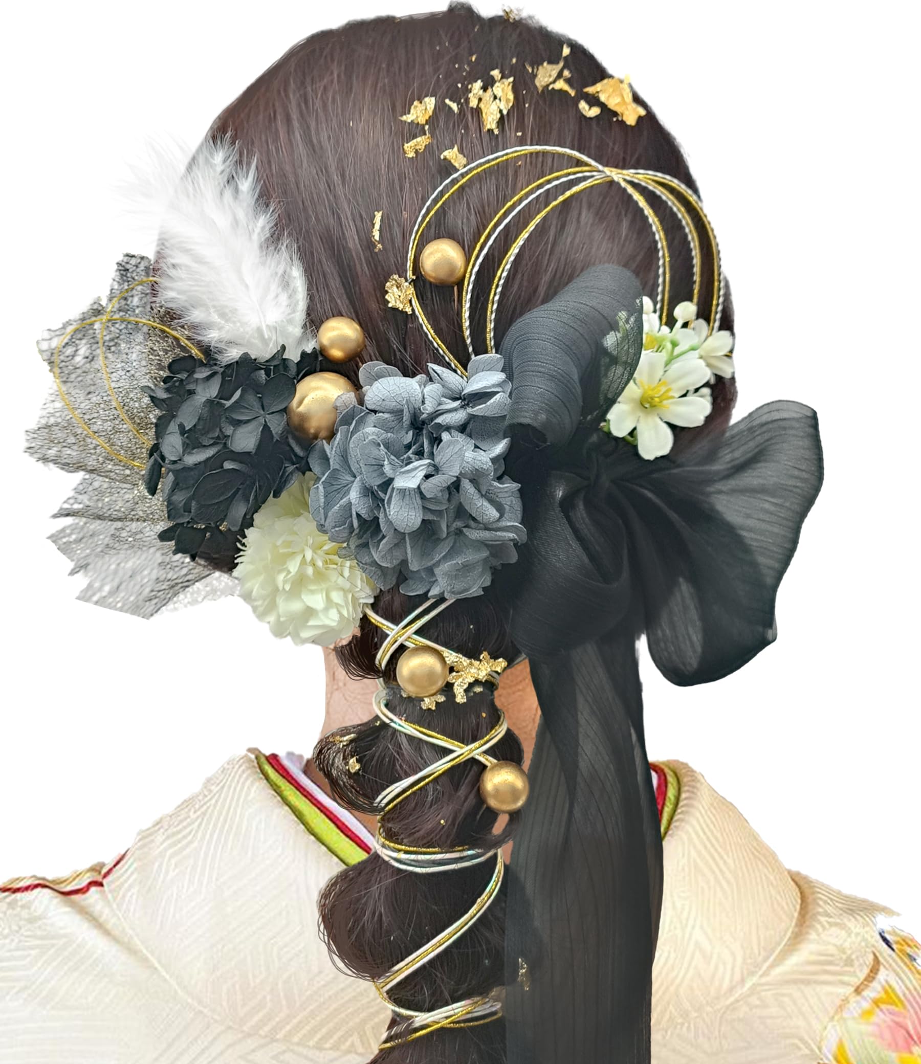 

[Baramoly] Hair Ornament for Coming-of-Age Ceremony, Hydrangea, Voluminous, Gold Leaf, Elegant, Ribbon, Mizuhiki, Hydrangea, Furisode, Pre-wedding