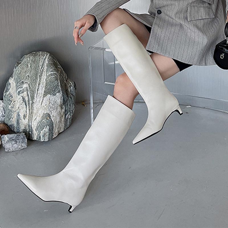 

Модные длинные сапоги женские с острым носком на низком каблуке модная обувь зимние сапоги до колена 2025 готические дизайнерские платье челси ботильоны для женщин 38 бежевый
