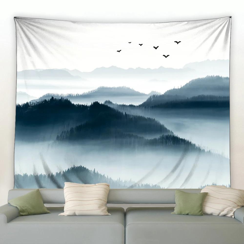 Китайский стиль Живопись тушью Горный пейзаж Гобелен Спальня Гостиная Гобелен Украшение — фото 6