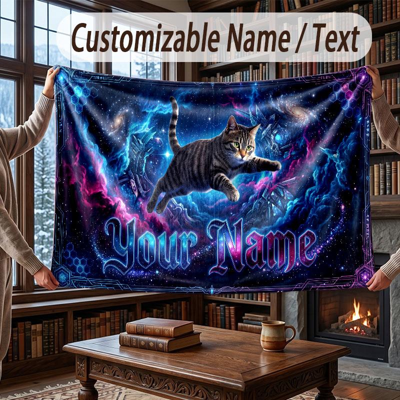 Cat Theme Throw Blanket Custom Name Text Personalized Blanket Soft Cozy Blanket for Home Sofa Bed