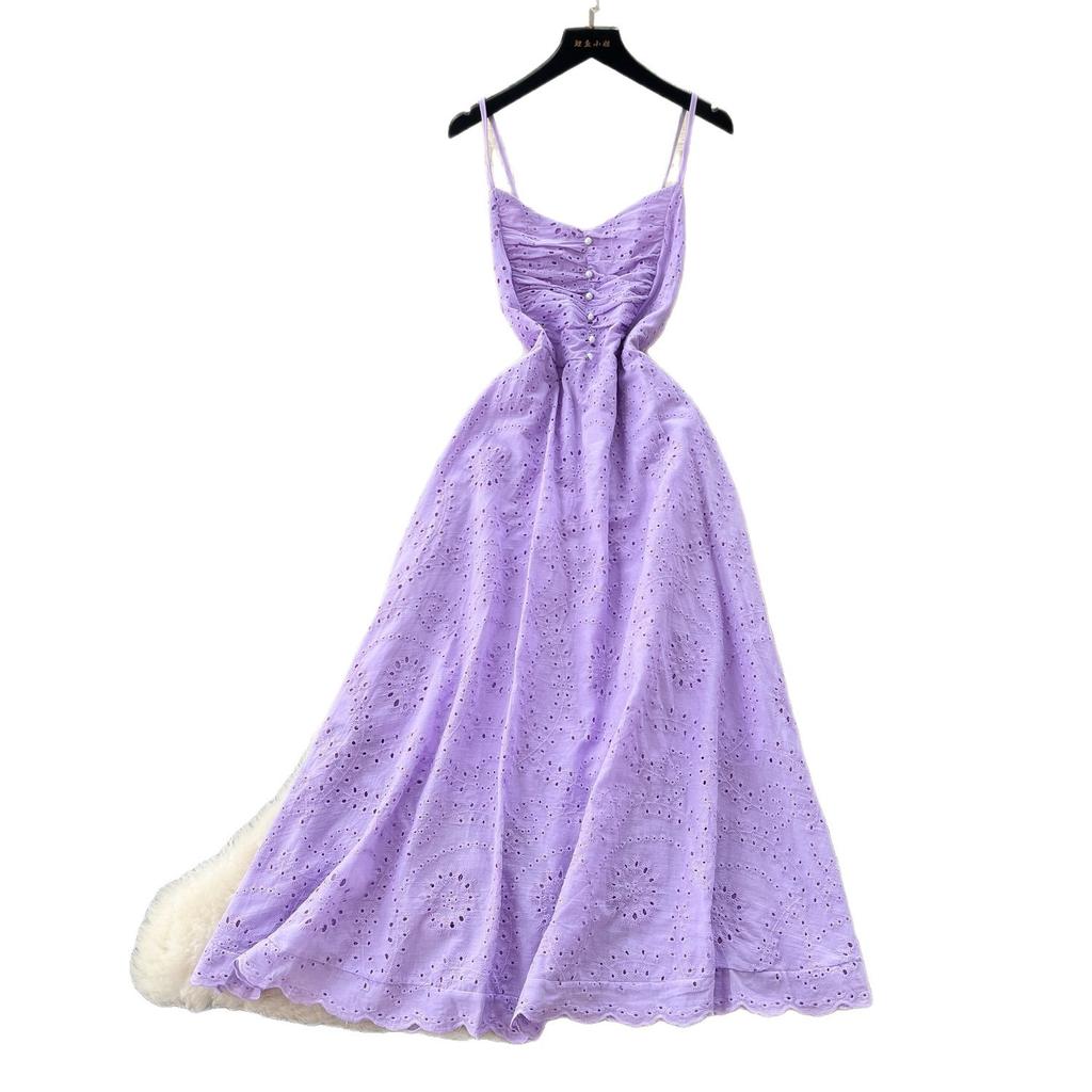 French Design Sense Heavy Industry Hollow Embroidery Waist Suspender Dress Women's Summer Thin Temperament Holiday Style Long Dress