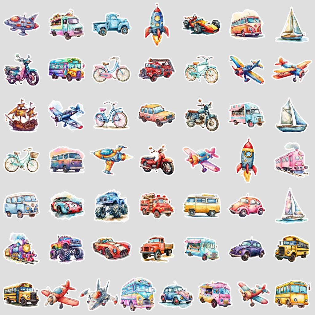 50 Watercolor Transportation Graffiti Stickers Mobile Phone Computer Waterproof Decorative Stickers Creative DIY Stationery Stickers