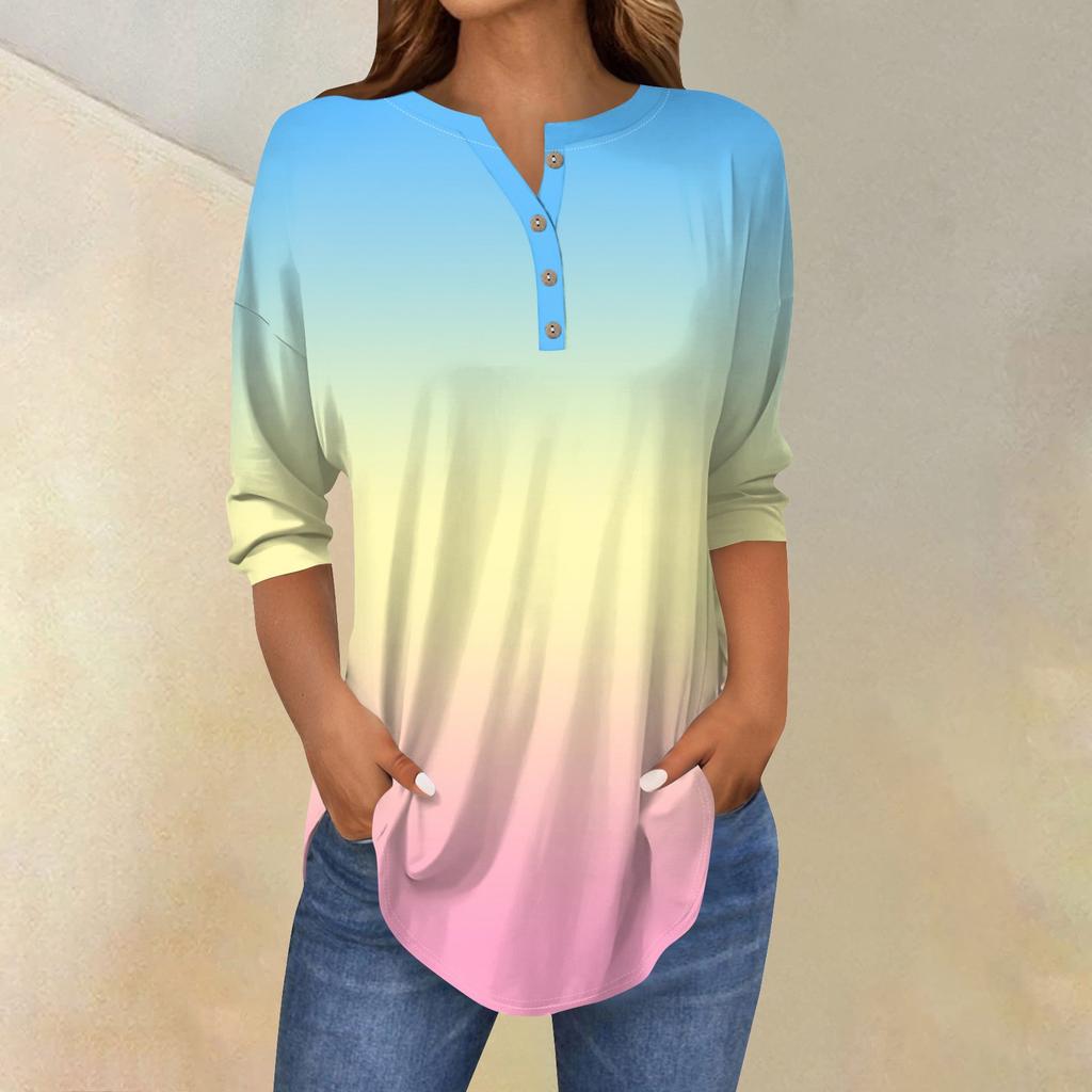 Tee Shirts For Women Fall Casual 3/4 Long Sleeve Button Shirts Sweatshirt Vintage  Top Pullover