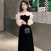 One-word Shoulder Evening Dress Skirt Banquet Black Temperament High-end Sense Niche Socialite Ruffle Edge Host Split Long Dress