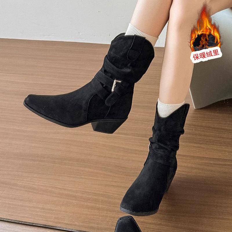 Vintage velvet pointed boots children 0000 new thick heel suede pleated pile boots Maillard short boots women looking thin