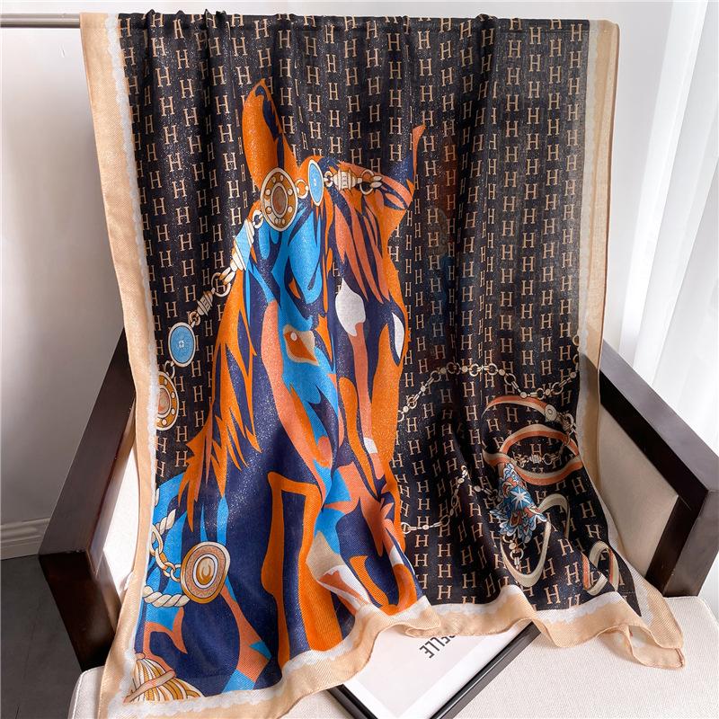 

Autumn and winter scarf cotton and linen women s new versatile temperament horse luxury letter high-end silver silk scarf 180x90cm