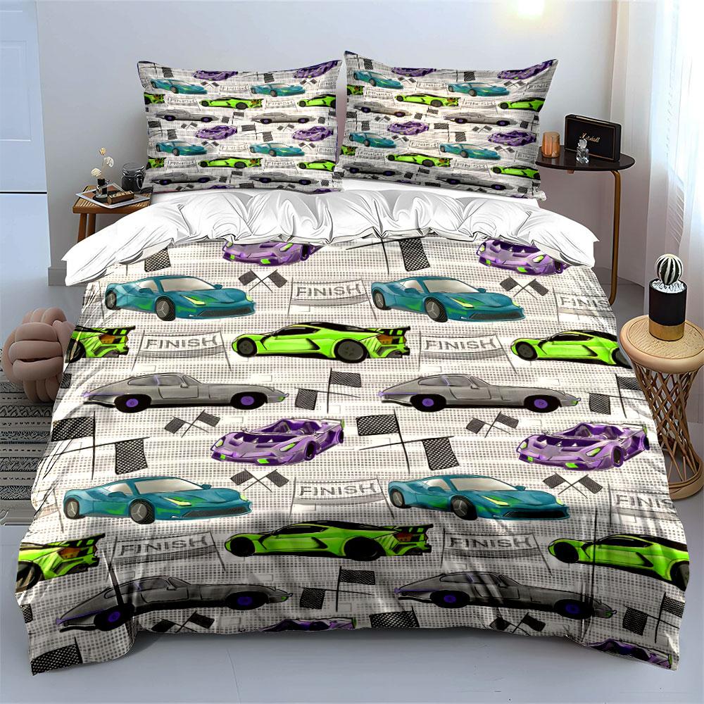 Racing Cars Pattern Design Set  Kid'S And Adults' Bedroom Decor, Exquisite Three-Piece Bedding Set Gift