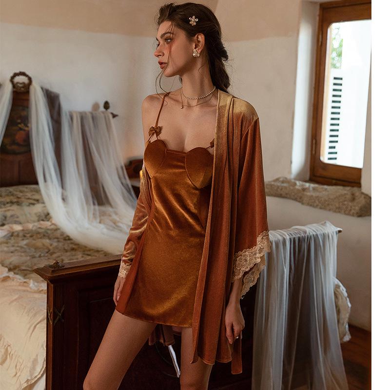 Velvet Lace Mesh Heart Pajama Set: Strappy Nightgown & Robe