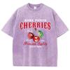 Cherries Cotton Washed TShirts Woman Red Fresh Fruit Tees Letter Prints Tops Crewneck Oversized T Shirt Street Female Clothes