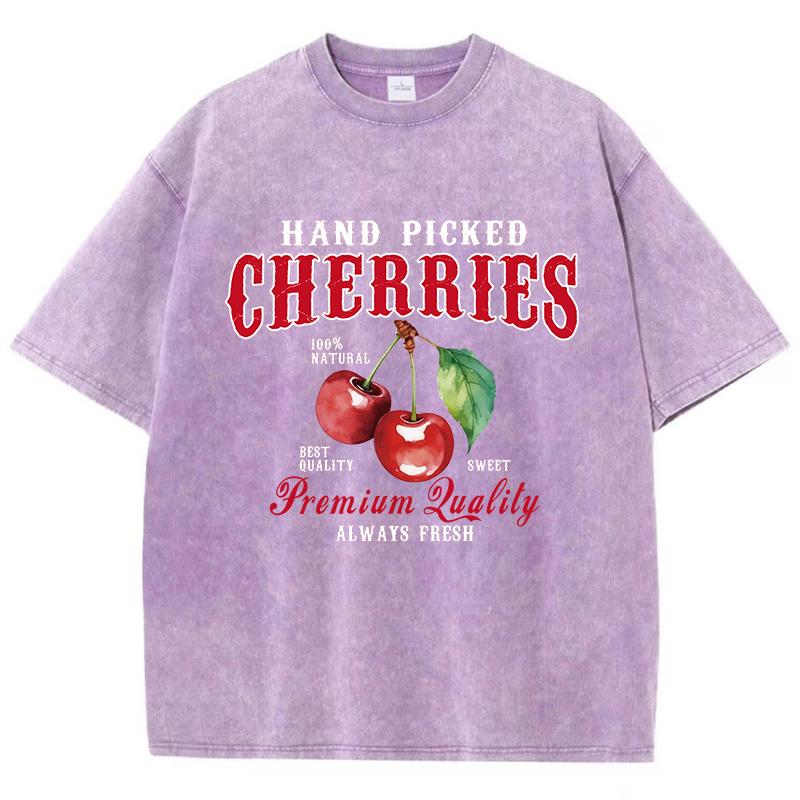 Cherries Cotton Washed TShirts Woman Red Fresh Fruit Tees Letter Prints Tops Crewneck Oversized T Shirt Street Female Clothes