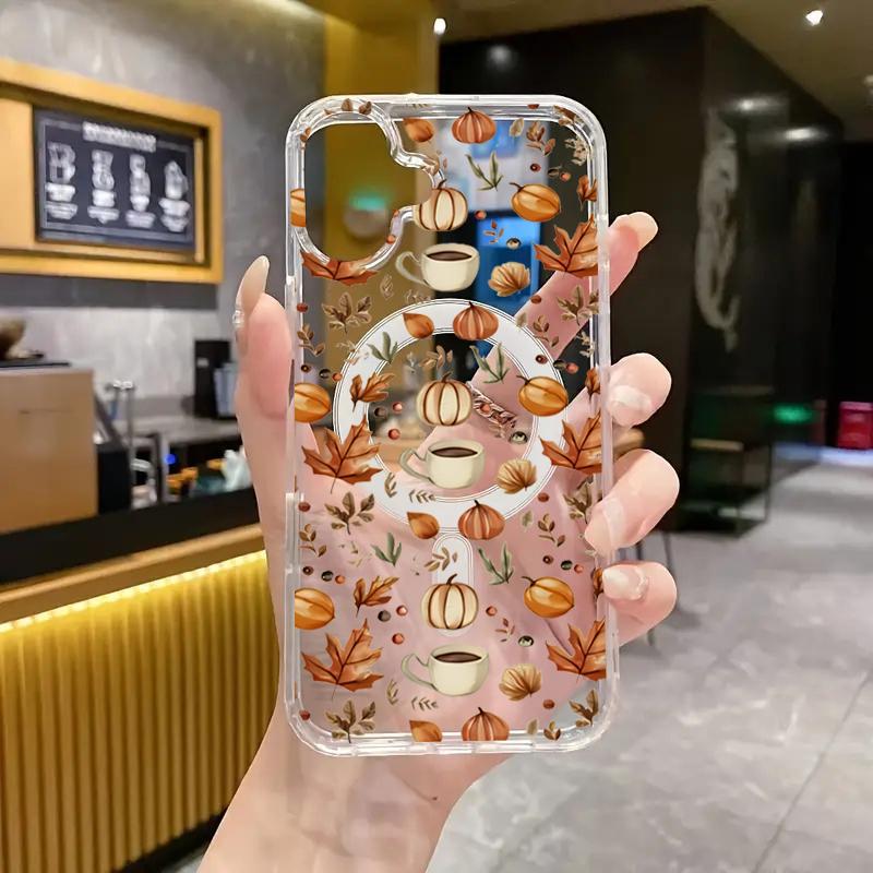 Pumpkin Autumn Leaves Coffee Phone Case for iPhone 17 16 15 14 13 12 11 Pro Max 16e 7 8 Plus X XR XS Magnetic Clear Hard Cover
