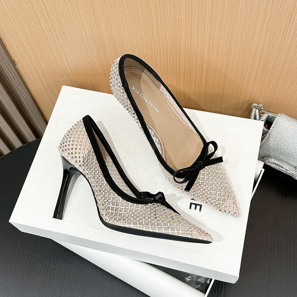 Rhinestone Mesh Pumps for Women Pointed Toe Stiletto Heels with Cute Bow Detail Slip-on Party Dress Shoes Women's Elegant Shoes