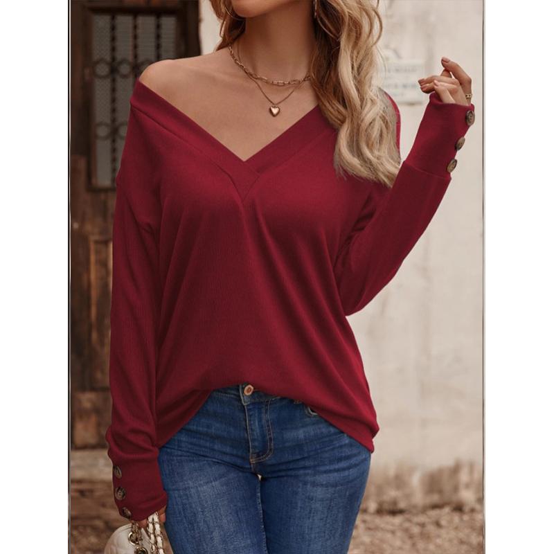 Women's V-Neck Button Down Shirt 2025 Fall Winter Long Sleeve Loose Fit Casual Top Blouse