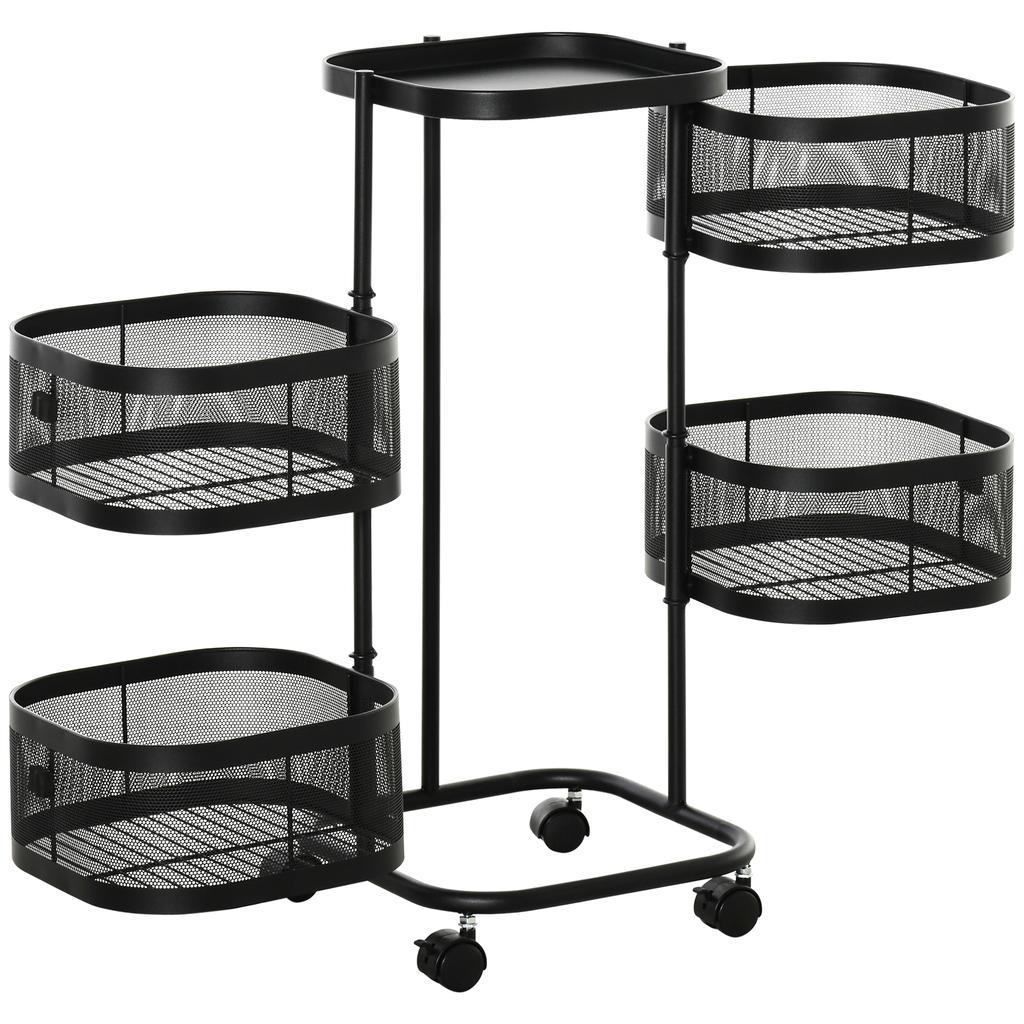 Metal Storage Cart, 4-Tier Storage Trolley On Wheels with 4 Mesh Baskets and Top Tray, Black