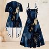 Women Plus Size Two Piece Set Short Sleeve Draped Cardigan Strappy V Neck Flared Printed Dress Dark Blue Gold