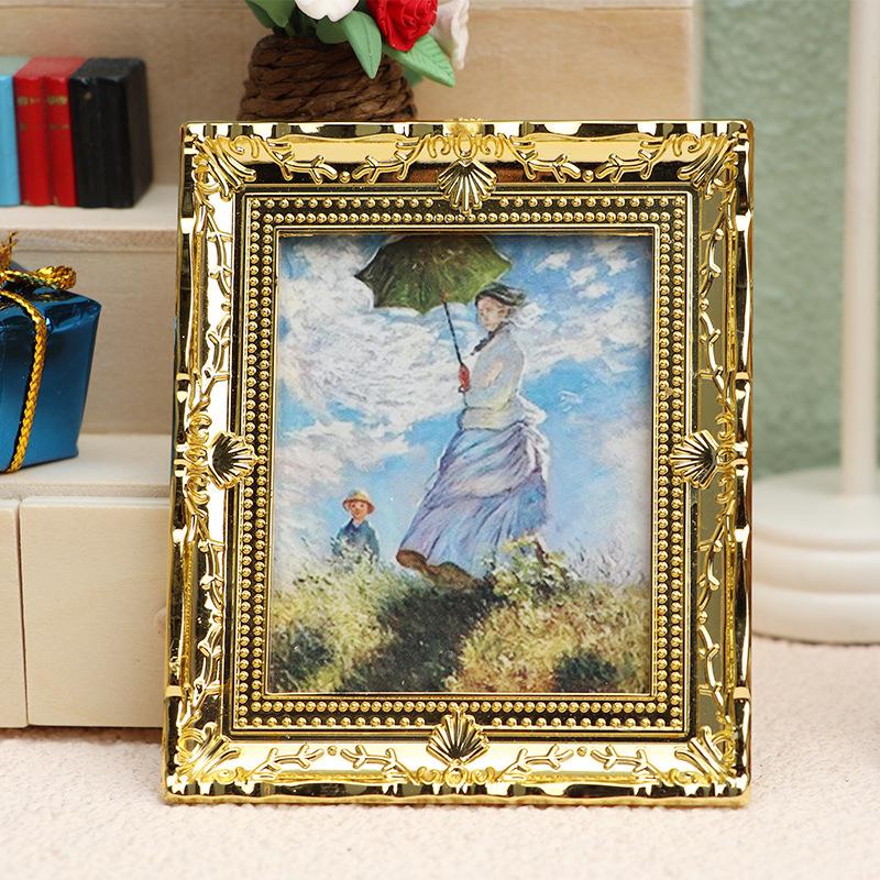 1:12 Dollhouse Miniature Furniture Accessories: Gold-Painted Flower Oil Painting Ornament
