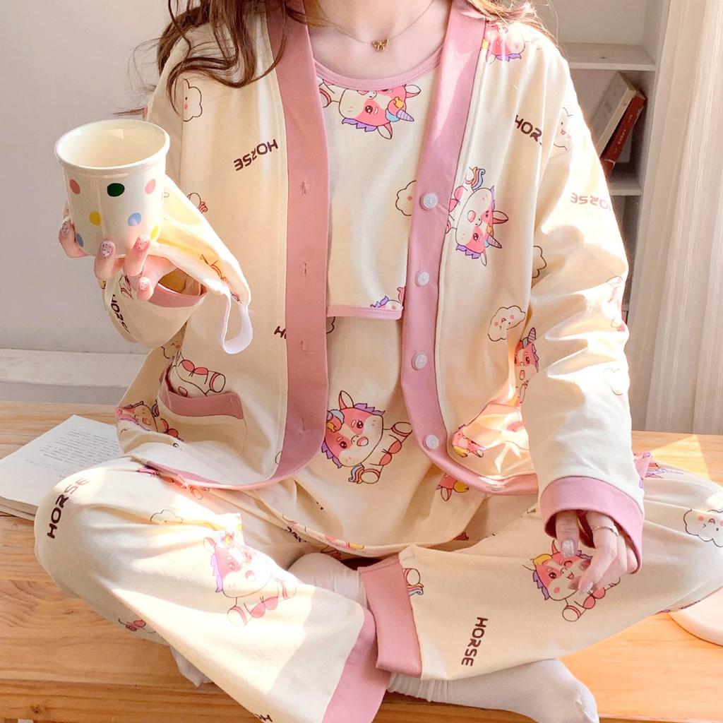 Spring & Autumn Maternity Pajama Set: Breathable Three-Piece for Delivery & Breastfeeding with Absorbent Breast Pads