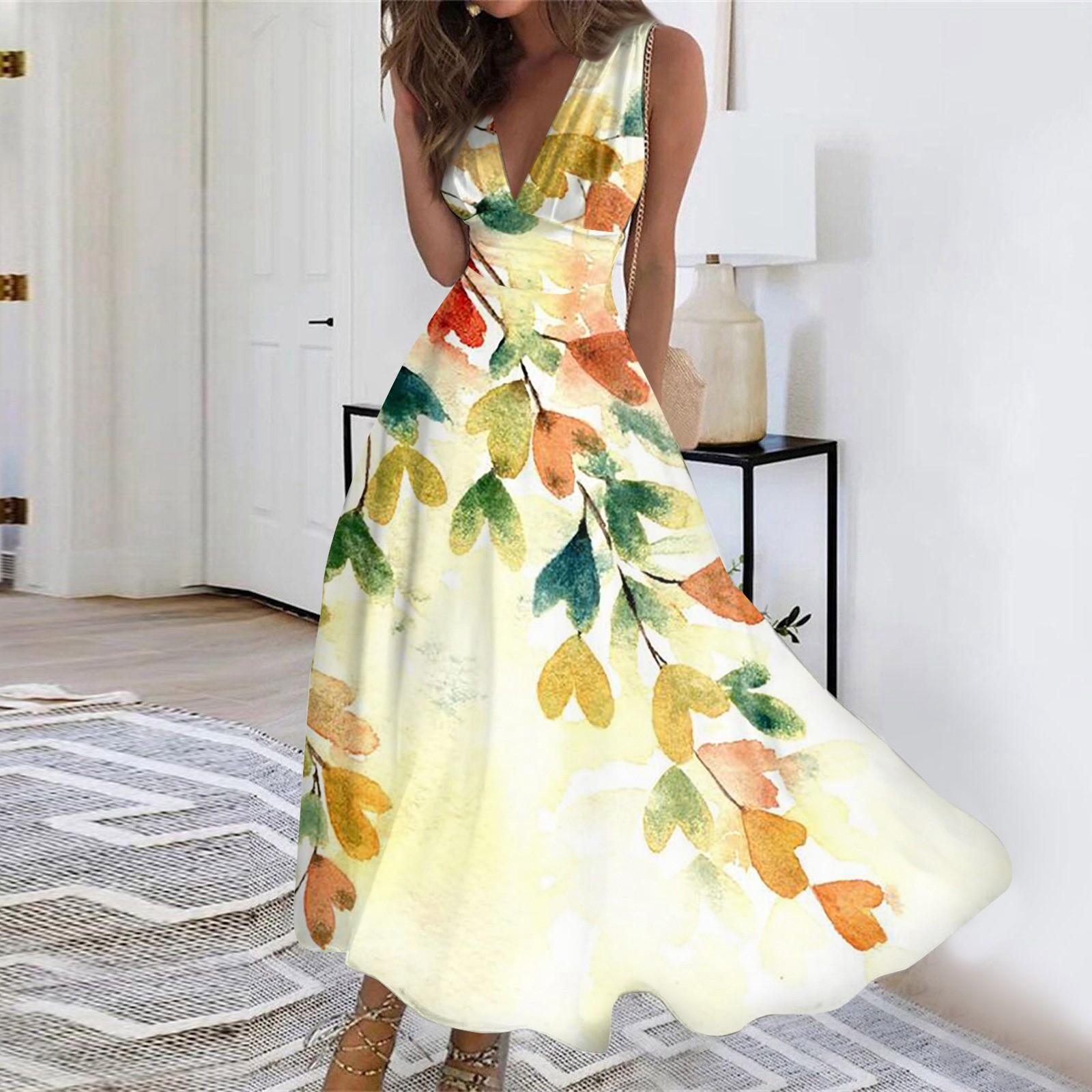 

Жіноча довга повсякденна сукня Літня сукня без рукавів із V-подібним вирізом і затягуванням талії з принтом