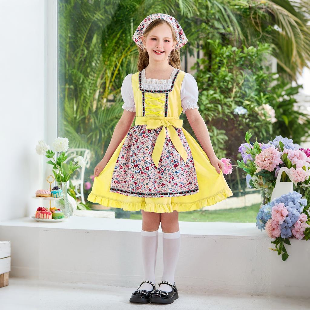 Girls Traditional Dress Oktoberfest Costume Country Style Apron Dress with Headscarf and Puff Sleeve Shirt for Kids
