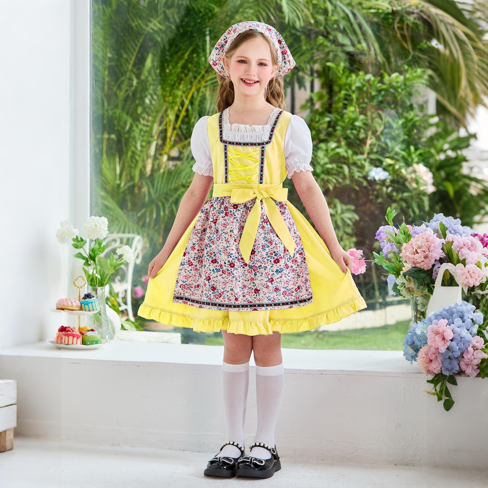 

Girls Traditional Dress Oktoberfest Costume Country Style Apron Dress with Headscarf and Puff Sleeve Shirt for Kids 160