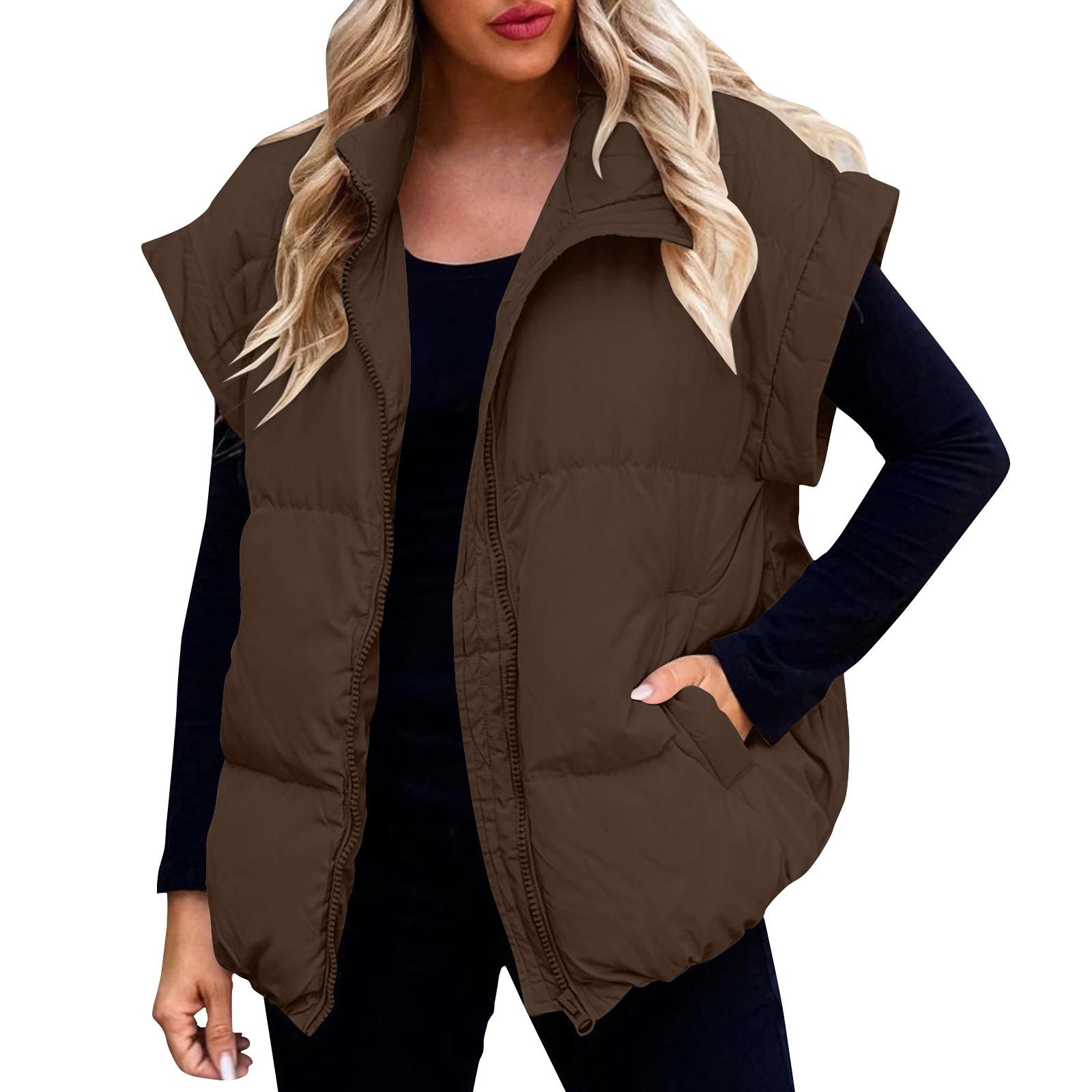 

Женский повседневный зимний жилет с воротником-стойкой, без рукавов, пуховые куртки, пальто с карманами, зима XL коричневый