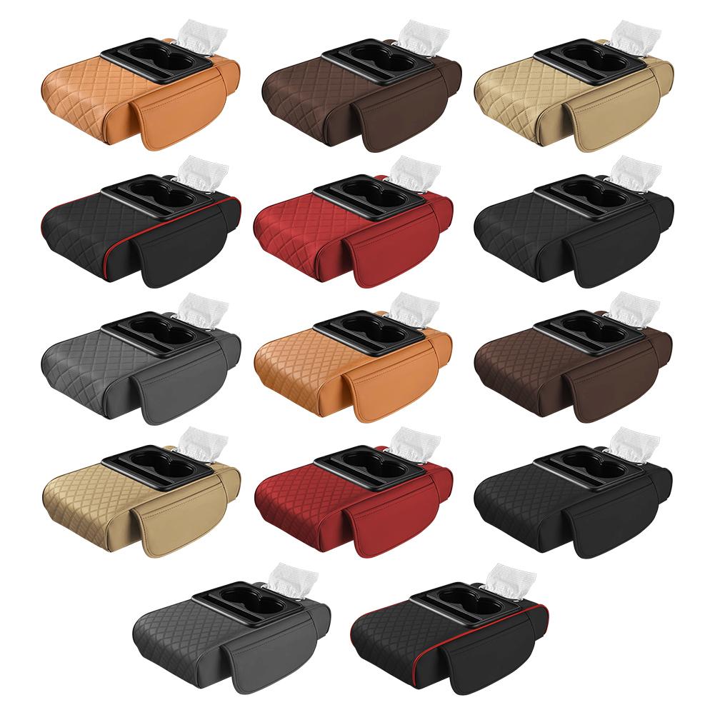 Car Armrest Cushion with 2 Cup Holder Tissue Box Slot Phone Slot Cars Center Console Organizer Car Armrest Box for Most Vehicles