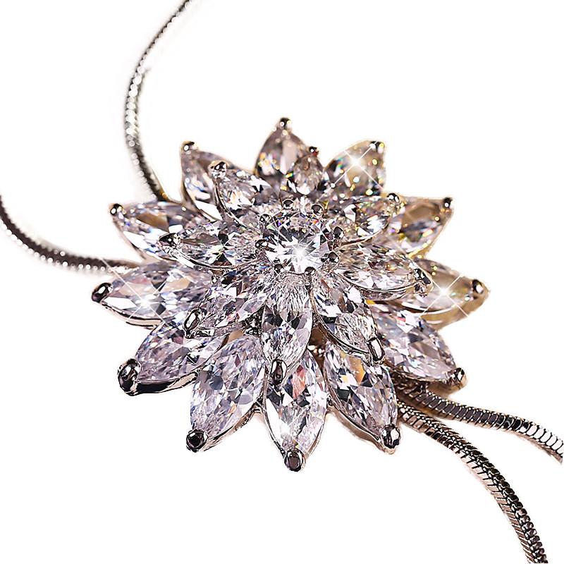 Elegant Snowflake Crystal Pendant Long Necklace For Women With Alloy Chain