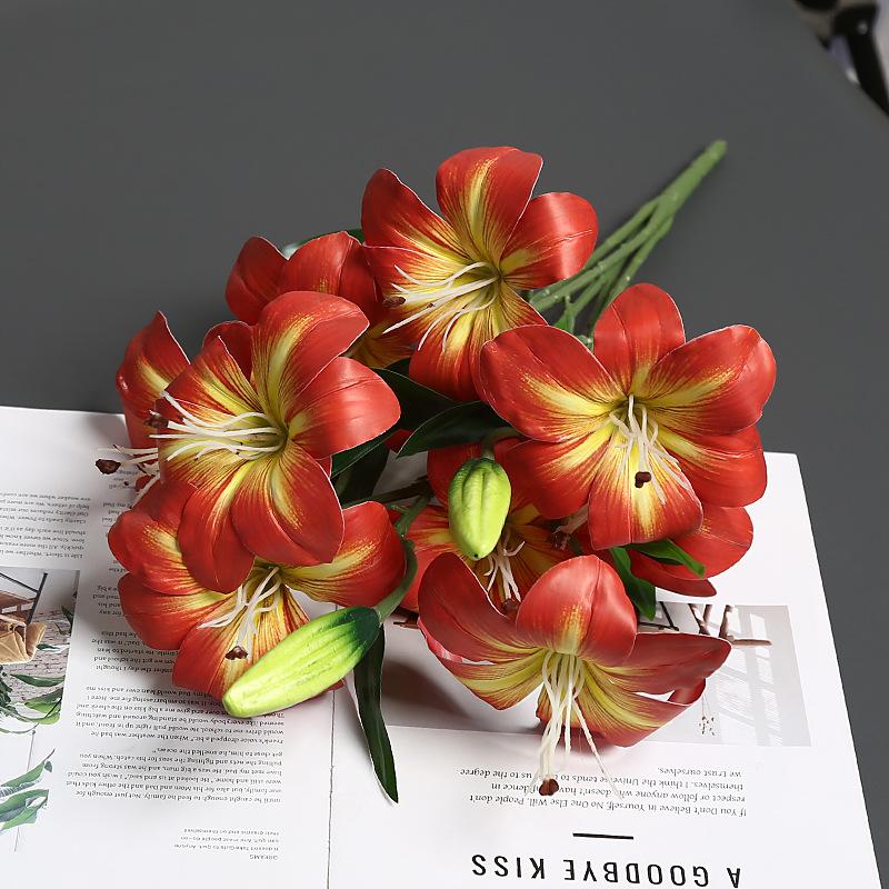 2pcs 3D Printed 9 Heads Lily Bouquet Flower Artificial Real Touch Hemerocallis Wedding Floral Decoration