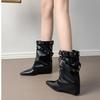 Spice Girl Medium Tube Leather Fashion Boots Rivet Belt Buckle Skinny Knight Boots Pointed Folds New Women's Thick Heel