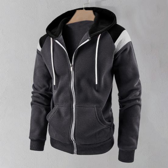 Men Autumn Coat Contrast Colors Hooded Hat Long Sleeves Pockets Warm Plush Drawstring Cardigan Spring Hoodie Coat for Daily Wear
