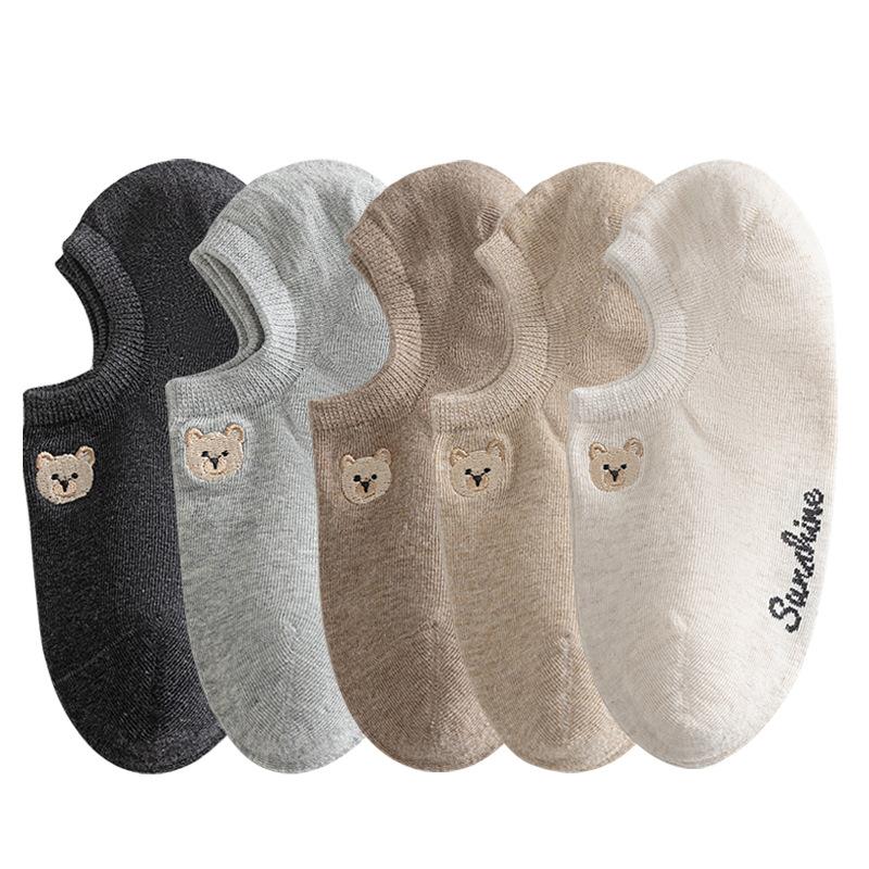 Ladies Summer Cute Cartoon Bear Embroidered Non Slip Heel Shallow Mouth Invisible Boat Socks