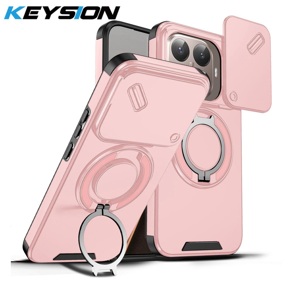KEYSION 360° Rotating Ring Stand Phone Case for Xiaomi 15T 15T Pro Silicone+PC Slide Camera Protection Magnetic Shockproof Cover
