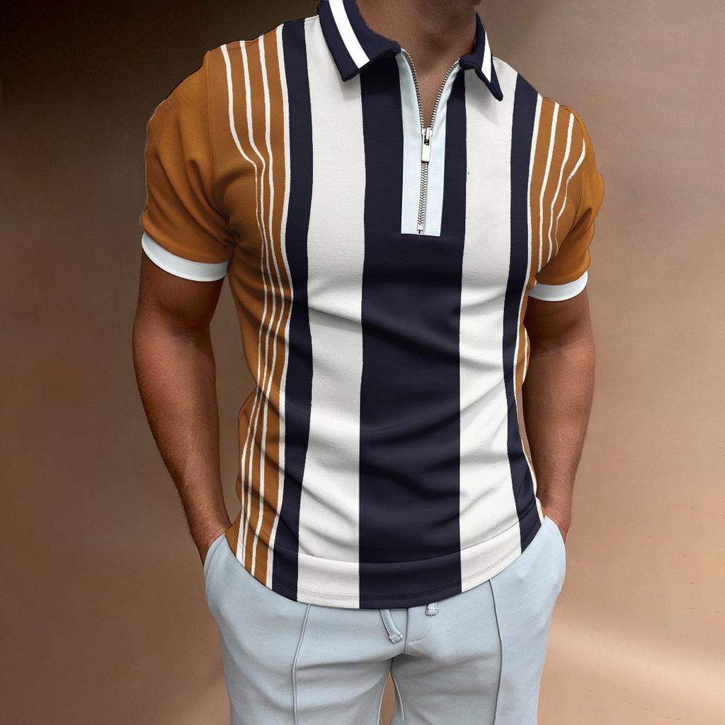 Trendy Short-sleeve Polo Shirt with Half-zip and Vertical Stripes, Great for Casual Wear.