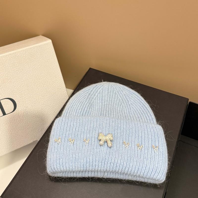 Winter High-Quality Bow Rhinestone Knit Hat Rabbit Fur Ear-Protection Warm Beanie Women